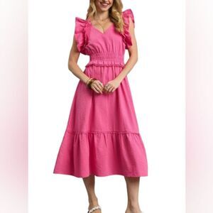 🤩SALE🤩Umgee V-Neck Ruffled Cap Sleeve Midi Pink Midi Dress sz Medium